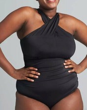 NEW LANE BRYANT CACIQUE BLACK NO WIRE CROSSOVER NECK SWIM ONE PIECE SWIMSUIT 26