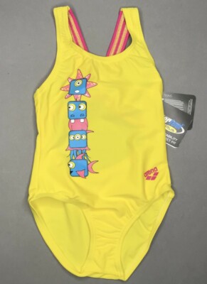ARENA KG MONSTER EINTEILIG Mädchen BADEANZUG Gelb/Violet Gr.98 Neu