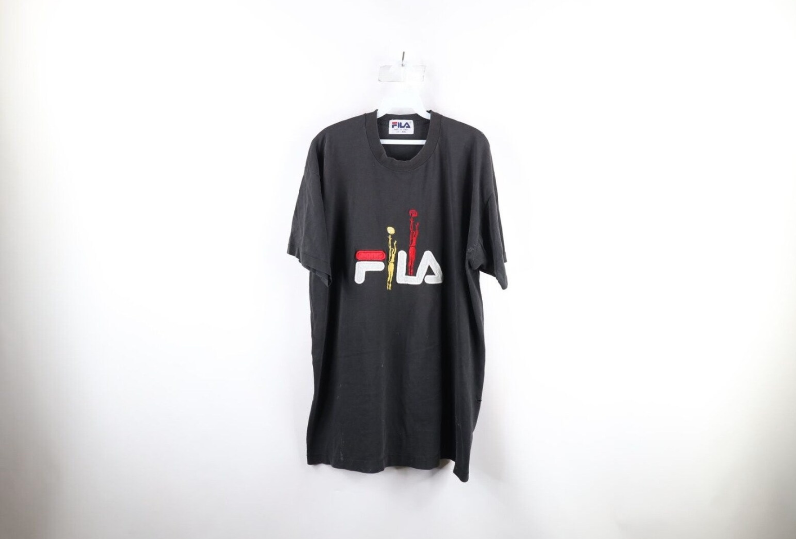 T shirt basket vintage anni 90 Fila uomo 2XL XXL Thrashed Spell Out nera Italia