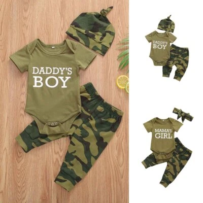 Newborn Baby Girl Bodysuit Romper Camouflage Pants Headband Outfits Clothes