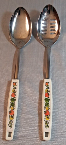 Serving Spoons Lot of 2 Slotted and Solid Buffet Vegetable Deign on Handle 12 in - Picture 1 of 6