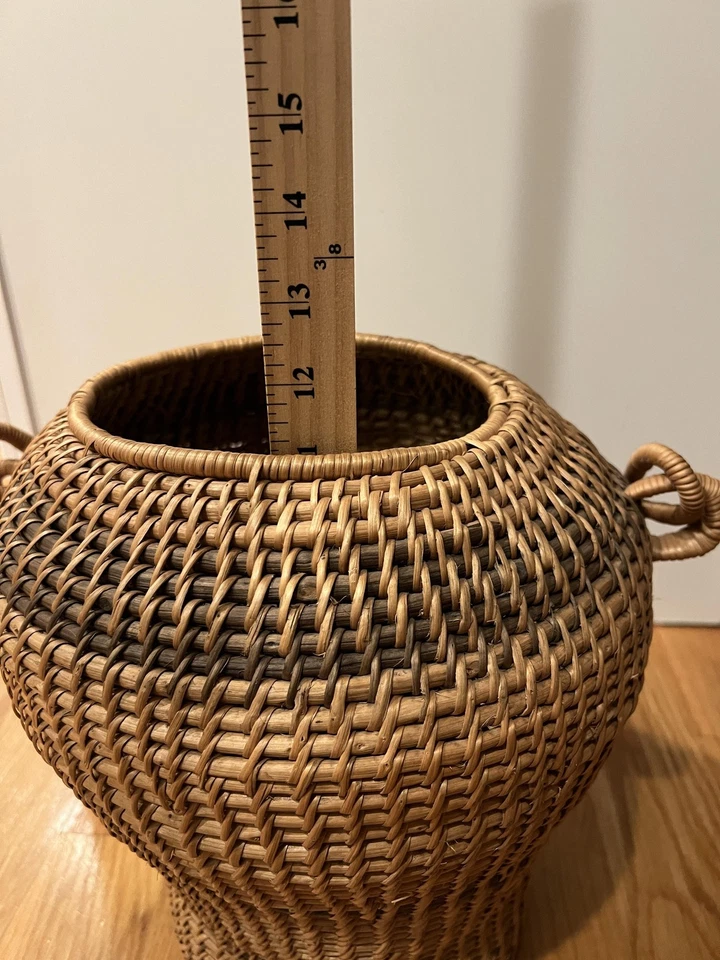 Vintage Handwoven Wicker Basket Jar Large 12" Boho Decor Storage with Handle - Image 4 of 4