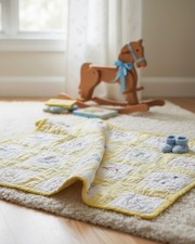 Vintage Hand Embroidered Baby Quilt - Yellow  White Nursery Animals - 34" x 32"