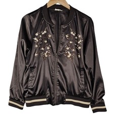 Mystree ball jacket women's size M taupe with embroidered cherry blossoms 