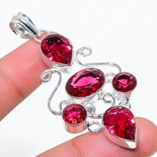 Pink Rubellite Gemstone Handmade 925 Sterling Silver Jewelry Pendant Size 2.50"