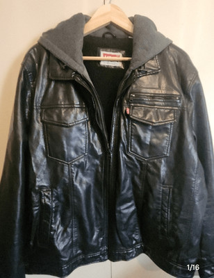 O2 Levi Strauss & Co Black soft Faux Leather Sherpa-Lined Moto Jacket w Hoodie