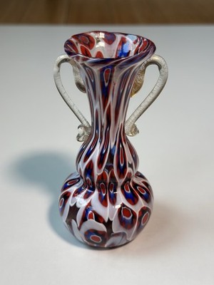 Fratelli Toso Millefiori Murano two handled Glass Red white blue Vase Tall 5 