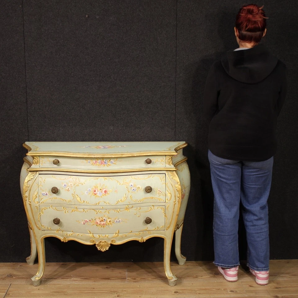 Cómoda veneciana lacada pintada 3 cajones mueble cómoda siglo XX Foto 2 de 4