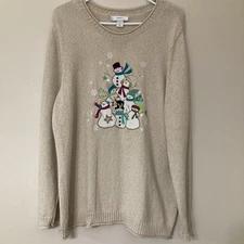 CJ Banks Snowman Christmas Ivory 100% Cotton Embroidered Womens Sweater 1X