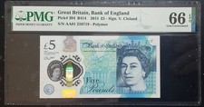 Bank of England Great Britain  5 Pounds 2015 Prefix AA01 PMG  66EPQ  Polymer