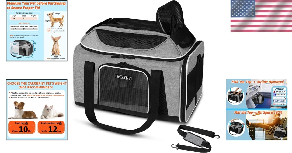 Durable Expandable Soft-Sided Pet Carrier with Safety Features - Grey, 17x11x9.5 - Image 2 of 4