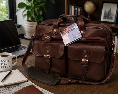 Protocol Executive Essentials Leather Laptop Briefcase Messenger Bag Brown