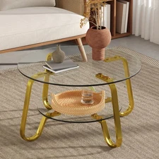 Retro Minimalist Coffee Table Metal Frame Double-Layer Tempered Glass