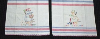 Pr Vtg Embroidered Day Of Week Tea Towels Dutch Girls