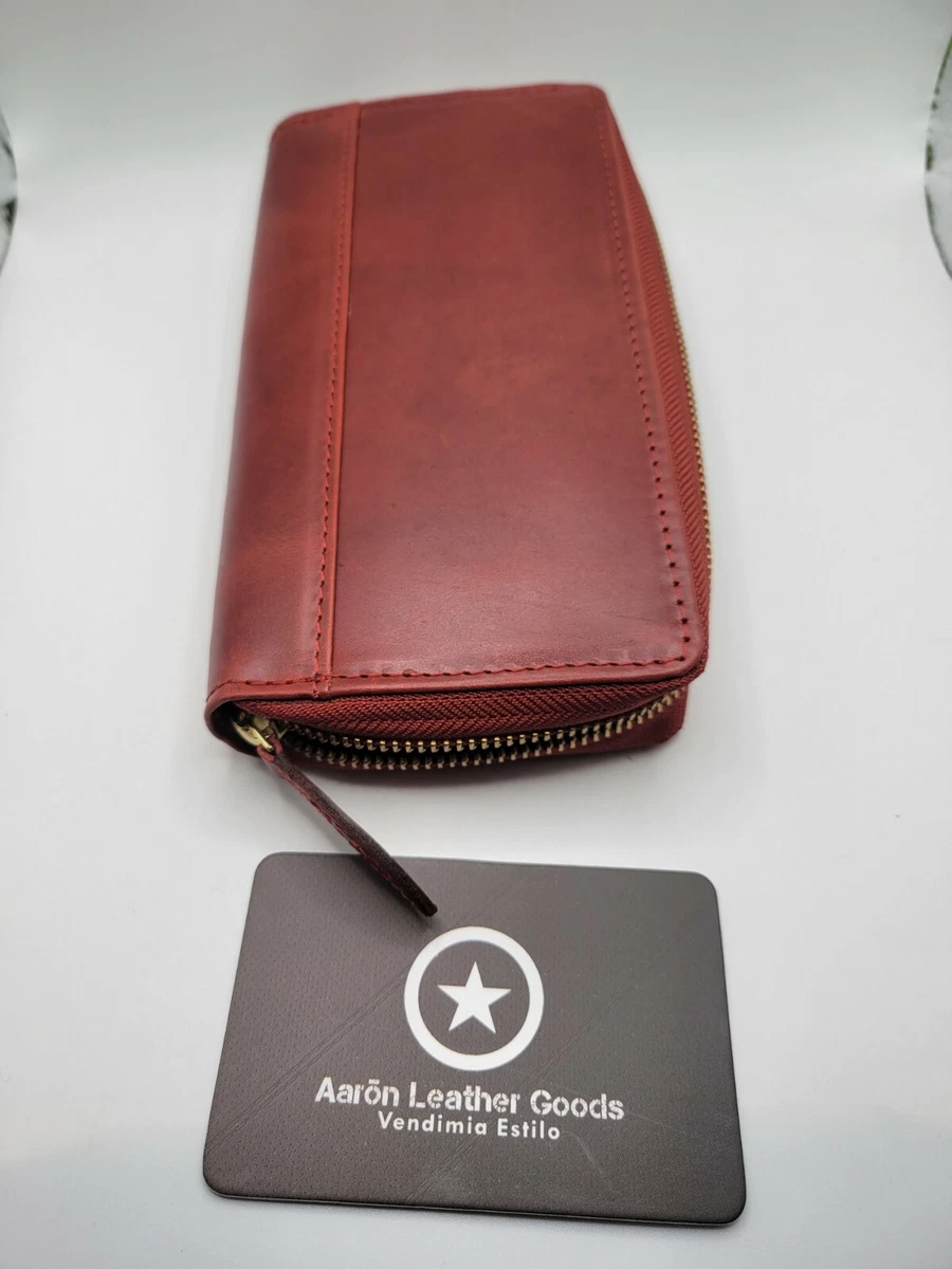 Aaron Leather Goods Tuscan Hand Topled Leather Clutch Red Maroon