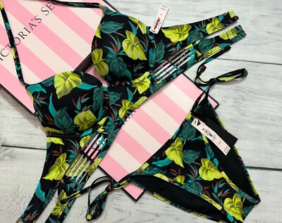 Victoria's Secret Swim Bombshell Push-Up Longline Bikini Strappy Cheeky Leaves