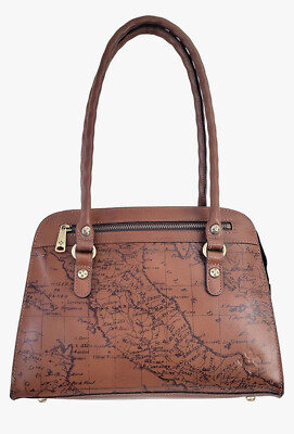 Patricia Nash Riot Rust Leather Calvi Satchel Crossbody Signature Map Brown Tan
