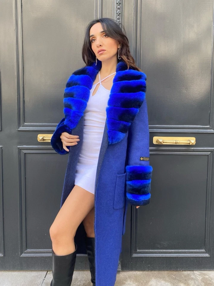 Casaco de inverno feminino 100% alpaca Rex pele de coelho longo macio elegante azul - Imagem 3 de 4