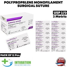 3/0 Polypropylene Monofilament Sutures Thread&Needle Sterile Sutures Pack of 12
