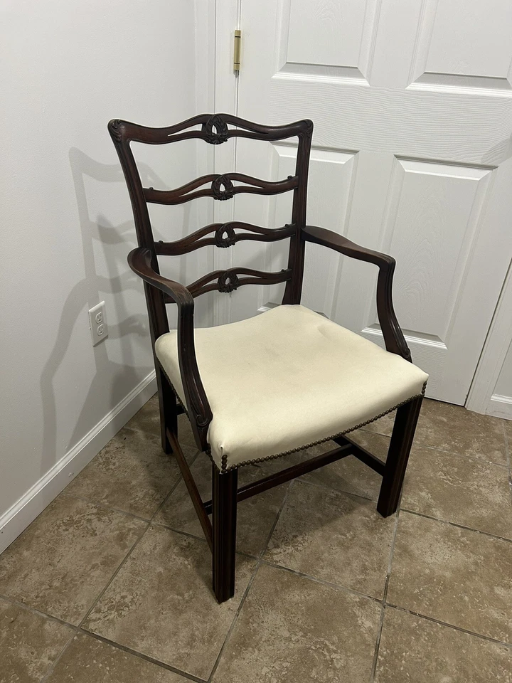 Set of 7 Or 8 Vintage Ladder Back Mahogany Dining Chairs – Cream Upholstery - Image 3 of 4