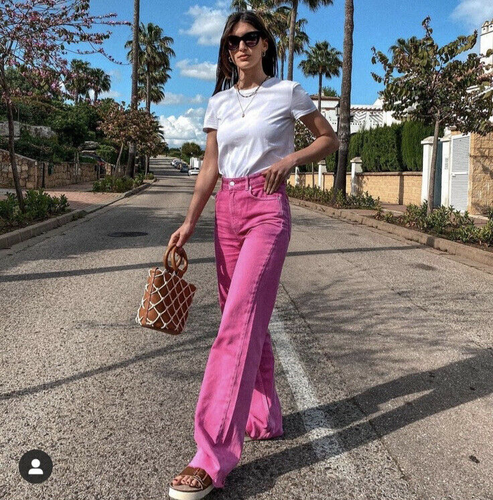 Zara pink Wide Leg full length Jeans trousers High Waist Raw Hem Bloggers  UK 6 | eBay