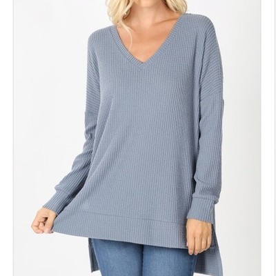 NWT Gray Blue Zenana Waffle Knit Pullover Long Sleeve V-Neck Cozy Fall Sweater | eBay
