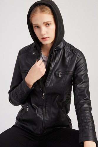 Drawstring Hooded leather jacket two-piece leather coat women's coat large - Picture 13 of 89