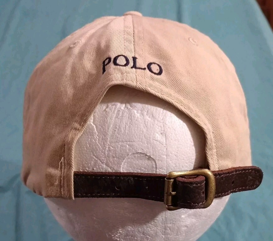 Cappello vintage POLO Ralph Lauren marrone blu pony pelle strapback berretto taglia unica
