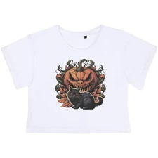 'Halloween Pumpkin And Black Cat' Women's Cotton Crop Tops (CO049673)