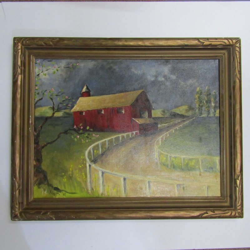 old 1967 Oil Painting canvas panel Modern Barn Horse Track 24X18 framed signed