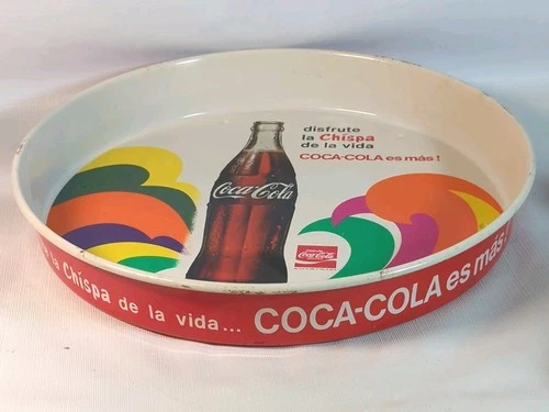Vtg Coca Cola Tray Bright 60s Colors Round Metal Spanish Mexico Coke Serving 13"