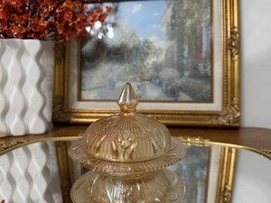 Vintage “Iris and Herringbone” pattern marigold iridescent covered butter dish 
