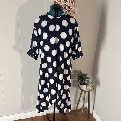 AA & ZZ Women's Small Relaxed Black/Navy White Polka Dots Drop Swing Dress Tunic