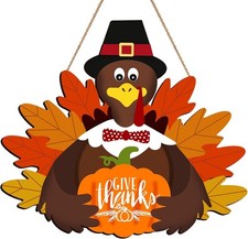 Fall Thanksgiving Turkey Door Sign Wall Decor - Wooden Give Thanks Sign Turke...