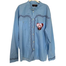 Monsher Western Shirt Blue Size 44 XXL Embroidered Vaqueros Cowboy RARE NEW