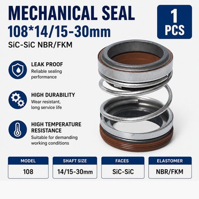 1x Mechanical Seal 108*14/15-30mm SiC-SiC NBR/FKM Pump Shaft Seal Replacement