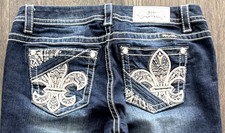 WOMENS Miss Me Rhinestone Leather Inserts Pockets Easy Skinny Jeans 29 x 31