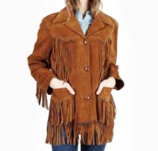 Chaqueta para mujer de gamuza de cuero con flecos occidentales clásica tradicional nativa americana Foto 2 de 4