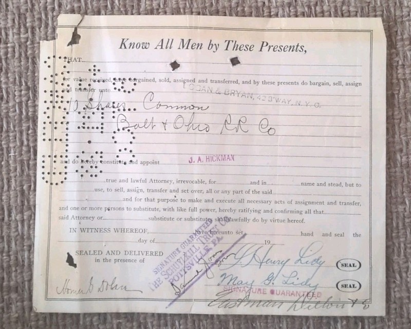 Schuylkill Trust Co - Pottsville Pa - Stock Receipt - 10 Shares B & O Railroad -