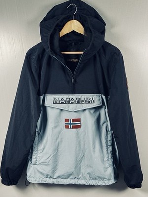 Napapijri Rainforest Jacket Mens Medium Blue Black Hooded Anorak Coat Streetwear