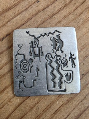 Alice Seely Urban Fetishes Brooch Pin Tribal Petroglyph Silver Tone 1998 Vintage