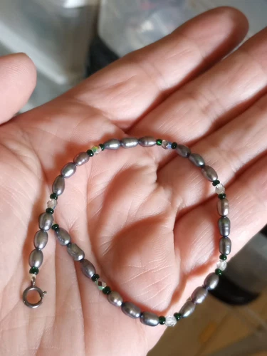 Vintage Black Tahitian Rice Pearl Bracelet Sterling Silver Spring Ring 7"