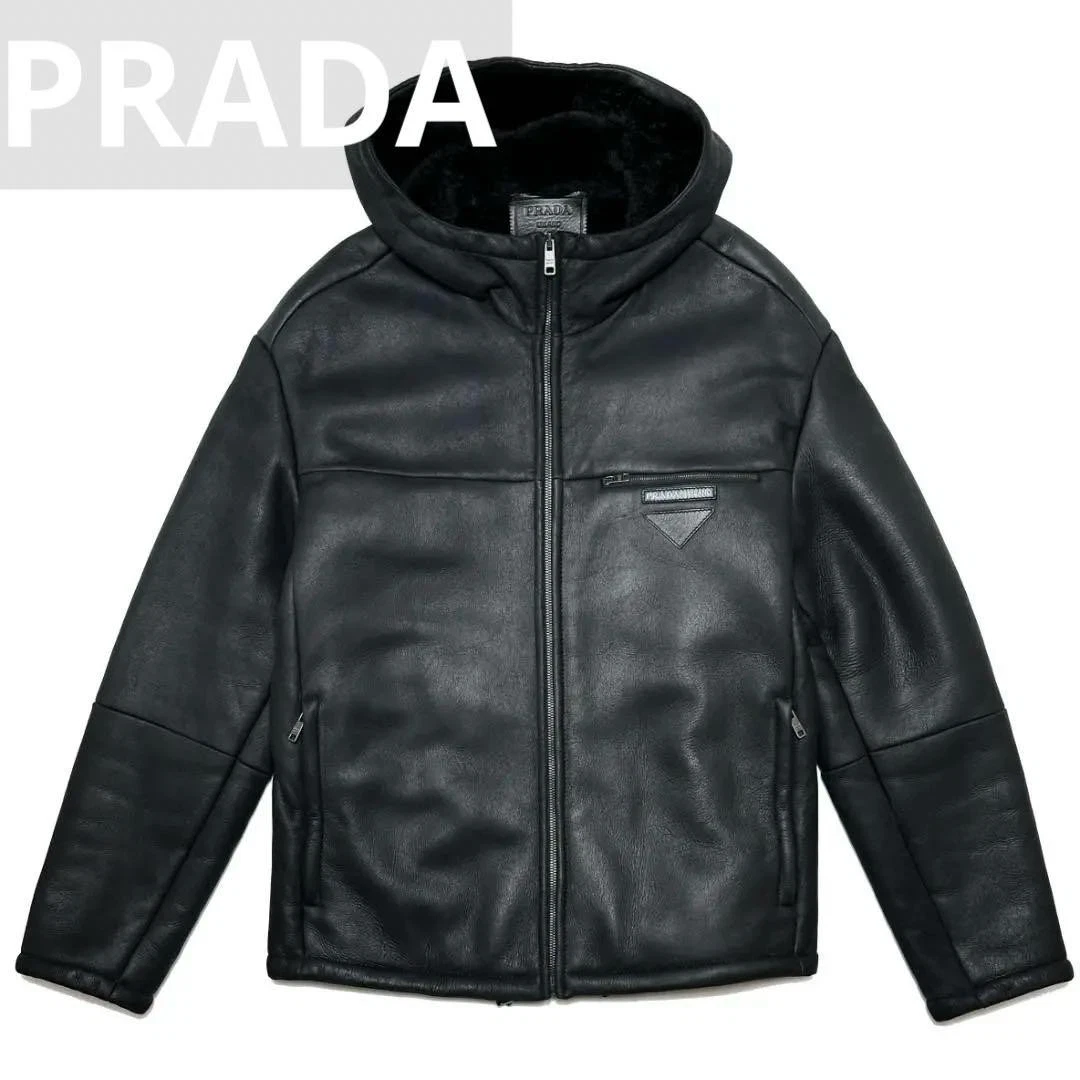 Prada Sheepskin Mouton Hooded Zip Jacket 44