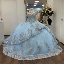Sky Blue Shiny Quinceanera Dresses Ball Gown Tulle Appliques Lace Beads Sweet 16