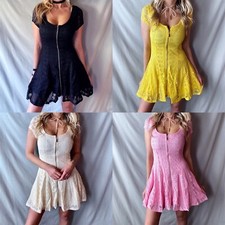 Sexy Boho Lace Crochet Zip Front Deep Scoop Fit & Flare Spring Summer Mini Dress