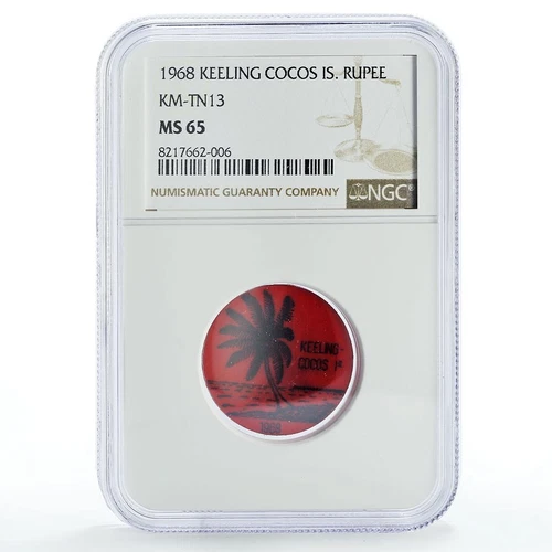 Keeling Cocos Is. 1 rupee Palm Tree Sea Beach KM-Tn13 Red MS65 NGC coin 1968