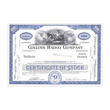 Collins Radio Co. Stock Certificate // 100 Shares // Blue // 1960s
