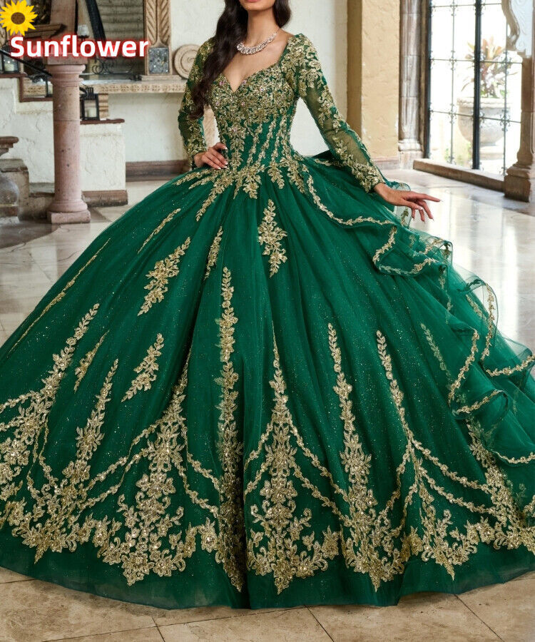 Green Quinceanera Dresses Shiny Lace Applique Party Prom Ball Gowns Sweet  15 16