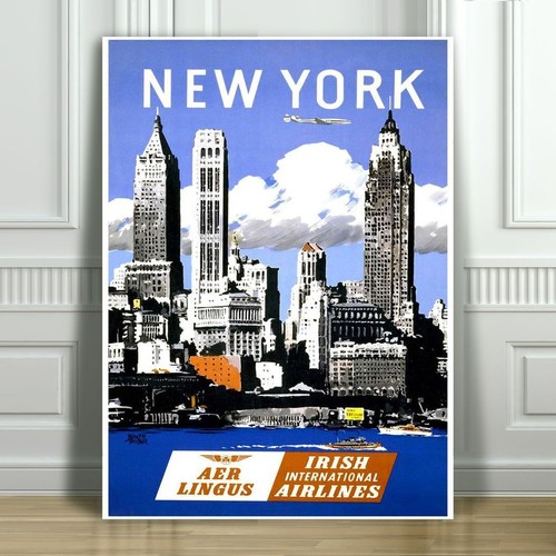 VINTAGE TRAVEL CANVAS ART PRINT POSTER - Aer Lingus New York Skyline - 24x16"