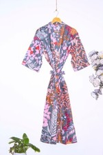 Indian Grey Floral Print Cotton Robe Long Kimono Sleepwear Night Suit Kimono US